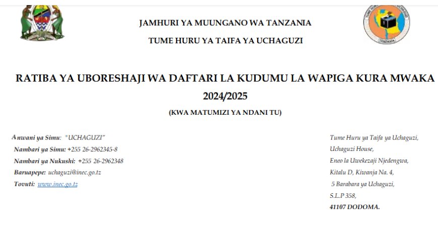 Ratiba ya Uboreshaji daftari la wapiga kura 2025 (INEC)